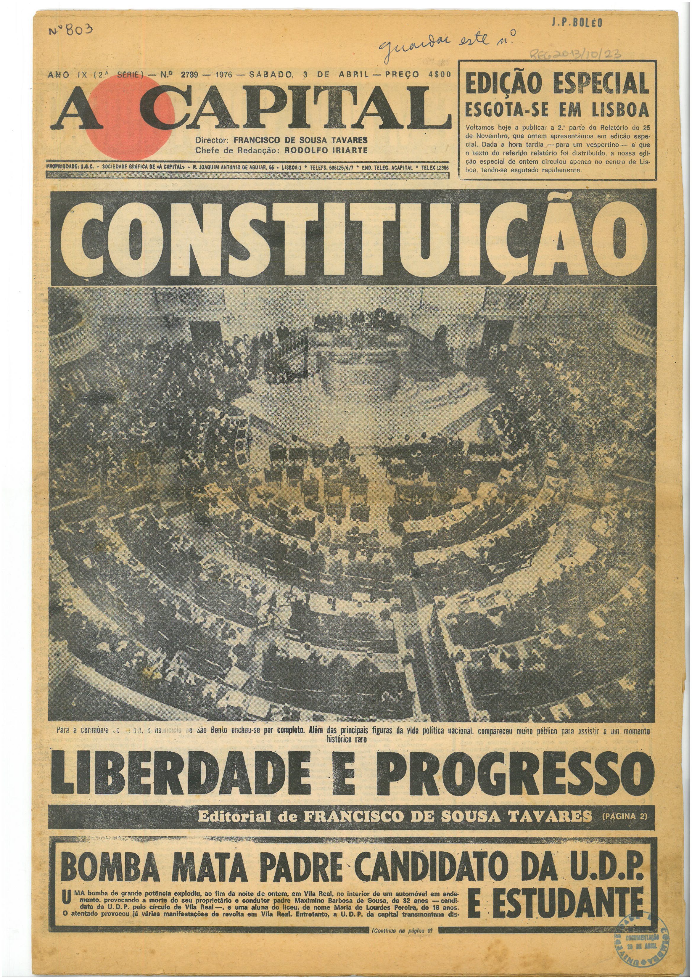 Capa do jornal A Capital, 3 de abril de 1976