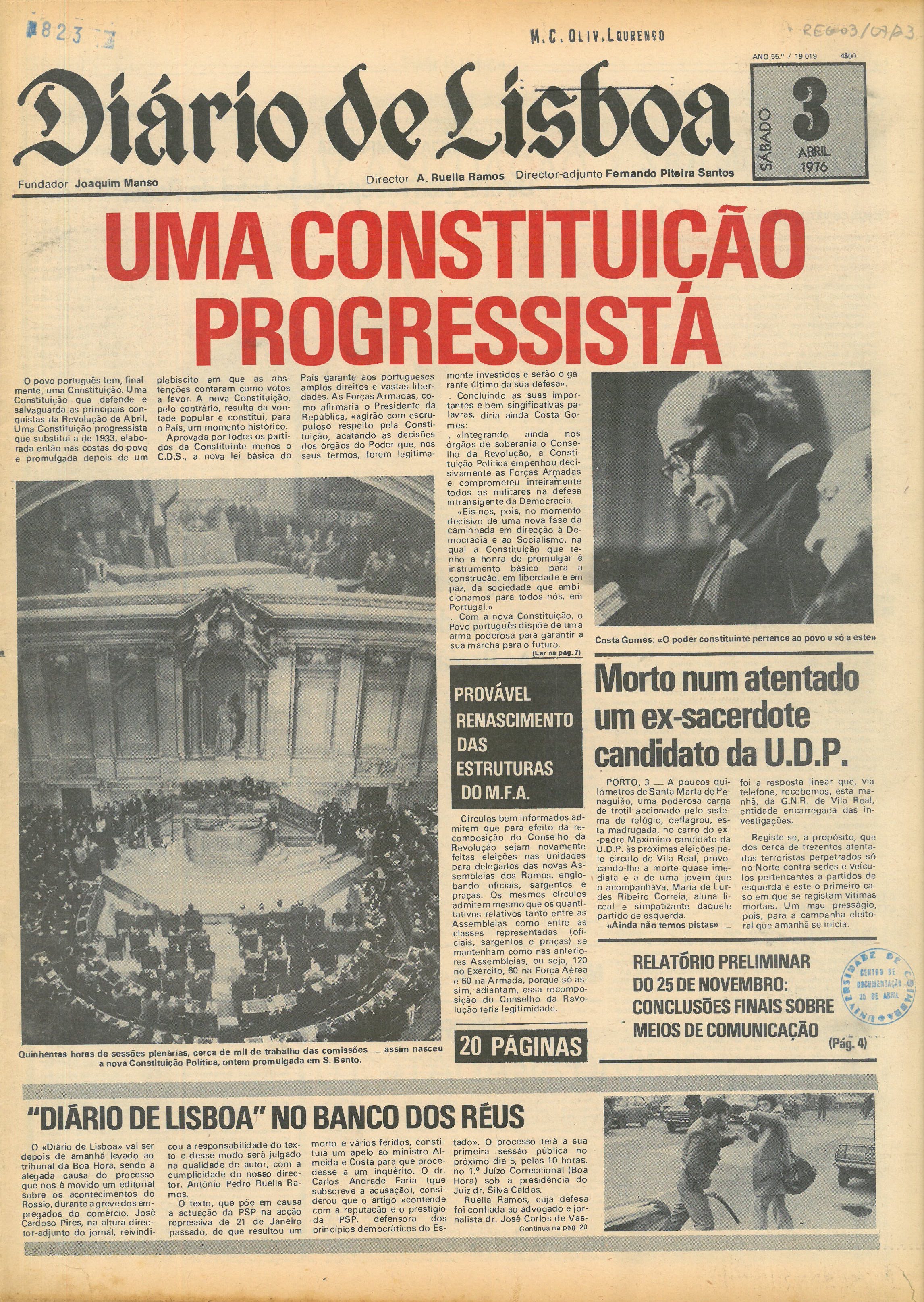 Capa do Diário de Lisboa, 3 de abril de 1976