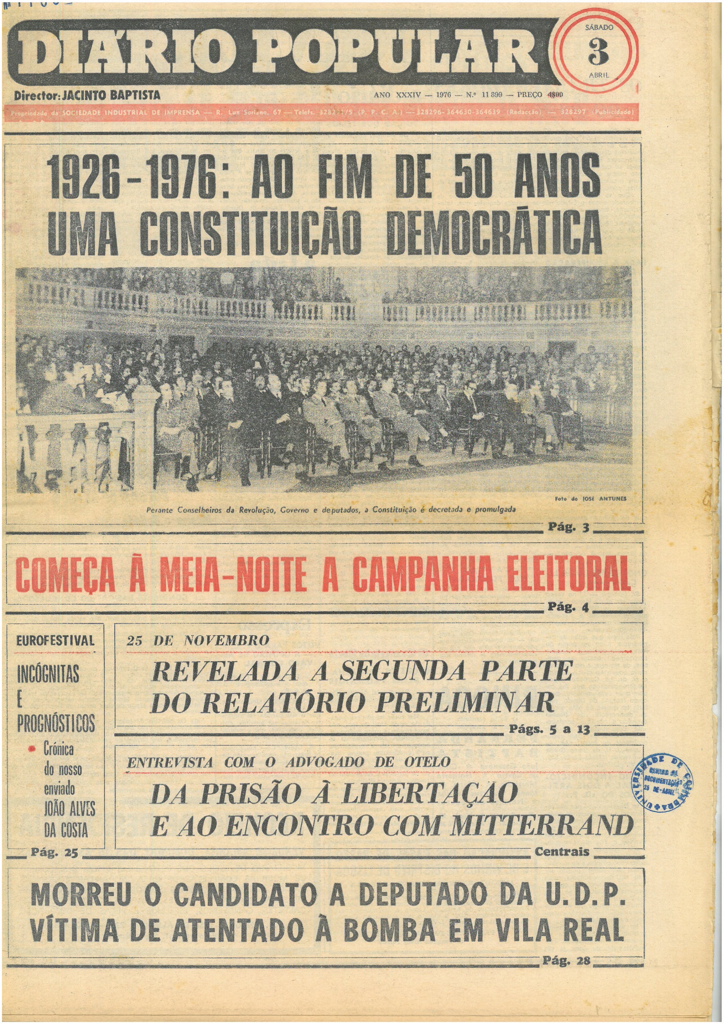 Capa do Diário Popular, 3 de abril de 1976