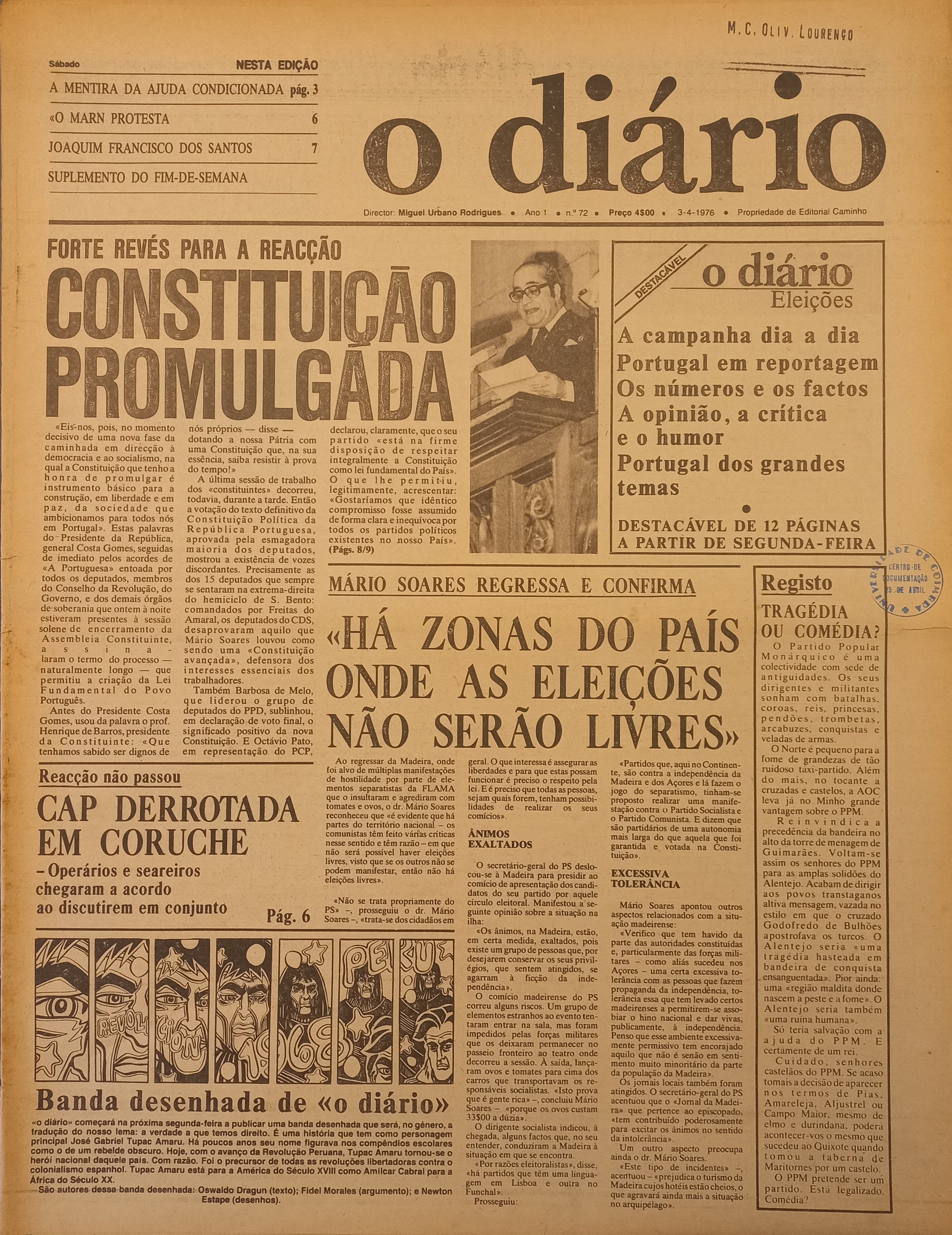 Capa d'O Diário, 3 de abril de 1976