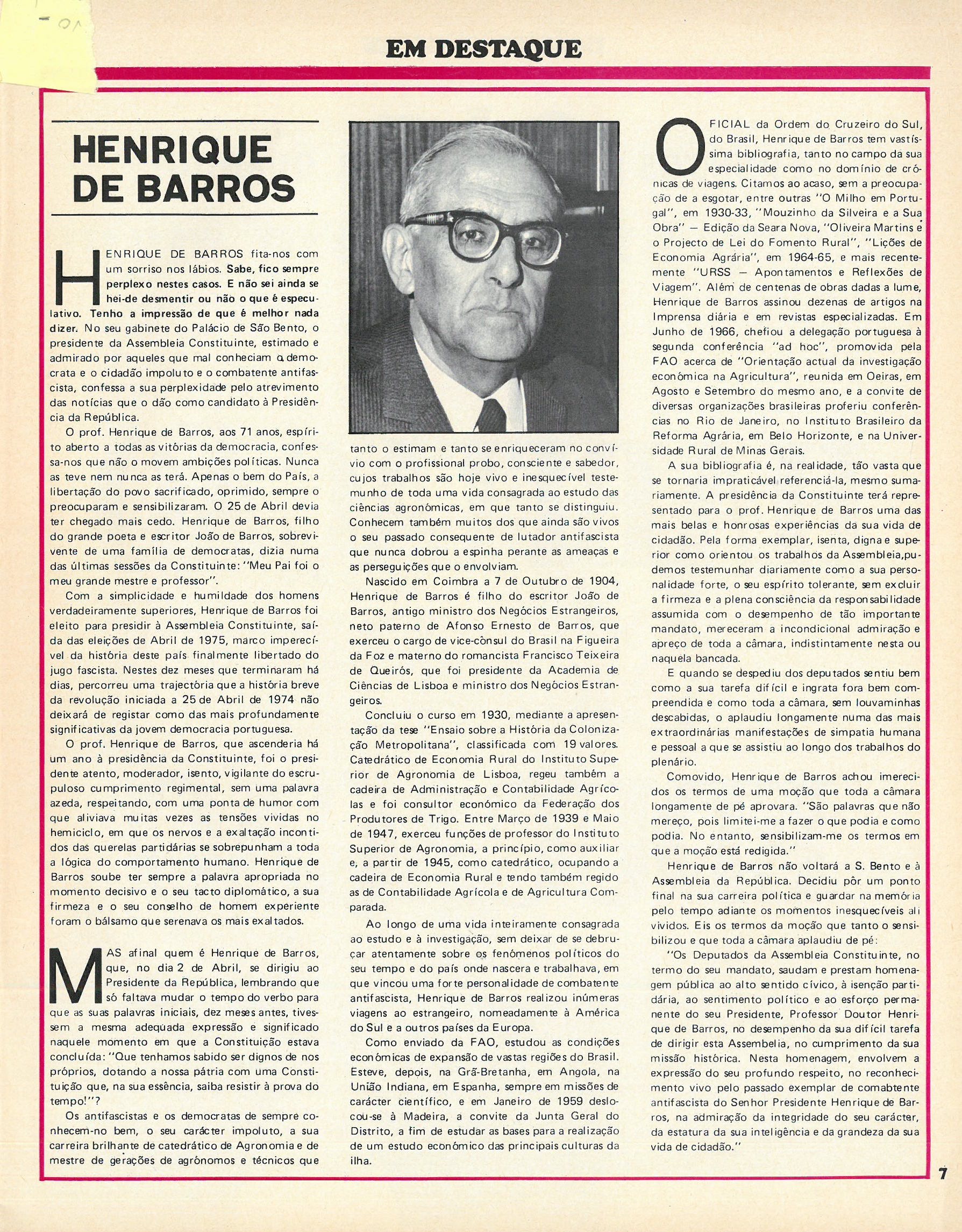Nota biográfica de Henrique de Barros, O Século Ilustrado